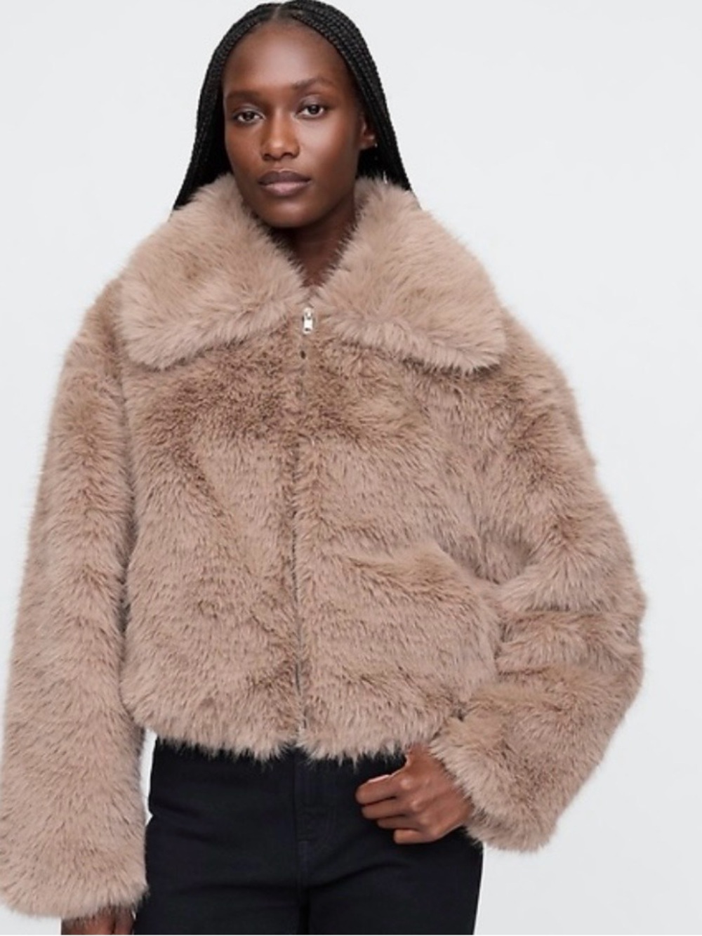 Cropped Faux Fur Zip-Up Jacket in Taupe